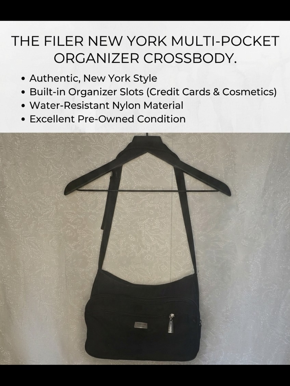 The Filer New York Black Nylon Multi-Pocket Organizer Crossbody Bag